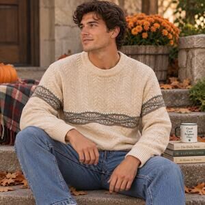 Vintage 90s Sz L Functionals Cream Cable Knit Fair Isle Sweater Retro Cabincore